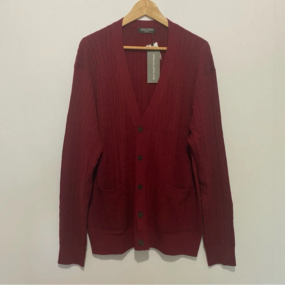Kallspin Wool Blend Men's Cardigan XL Maroon Cable Knit Button Front Sweater NWT